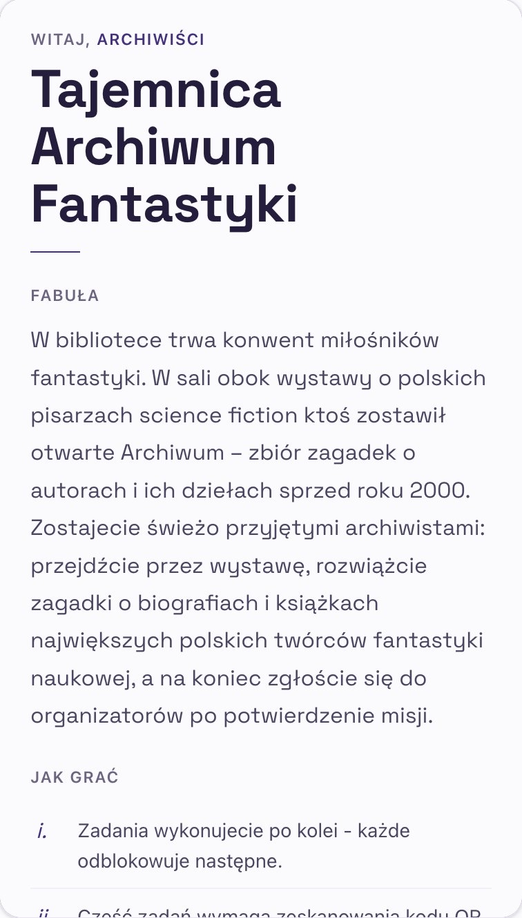 Ekran gracza — briefing z fabułą gry i zasadami