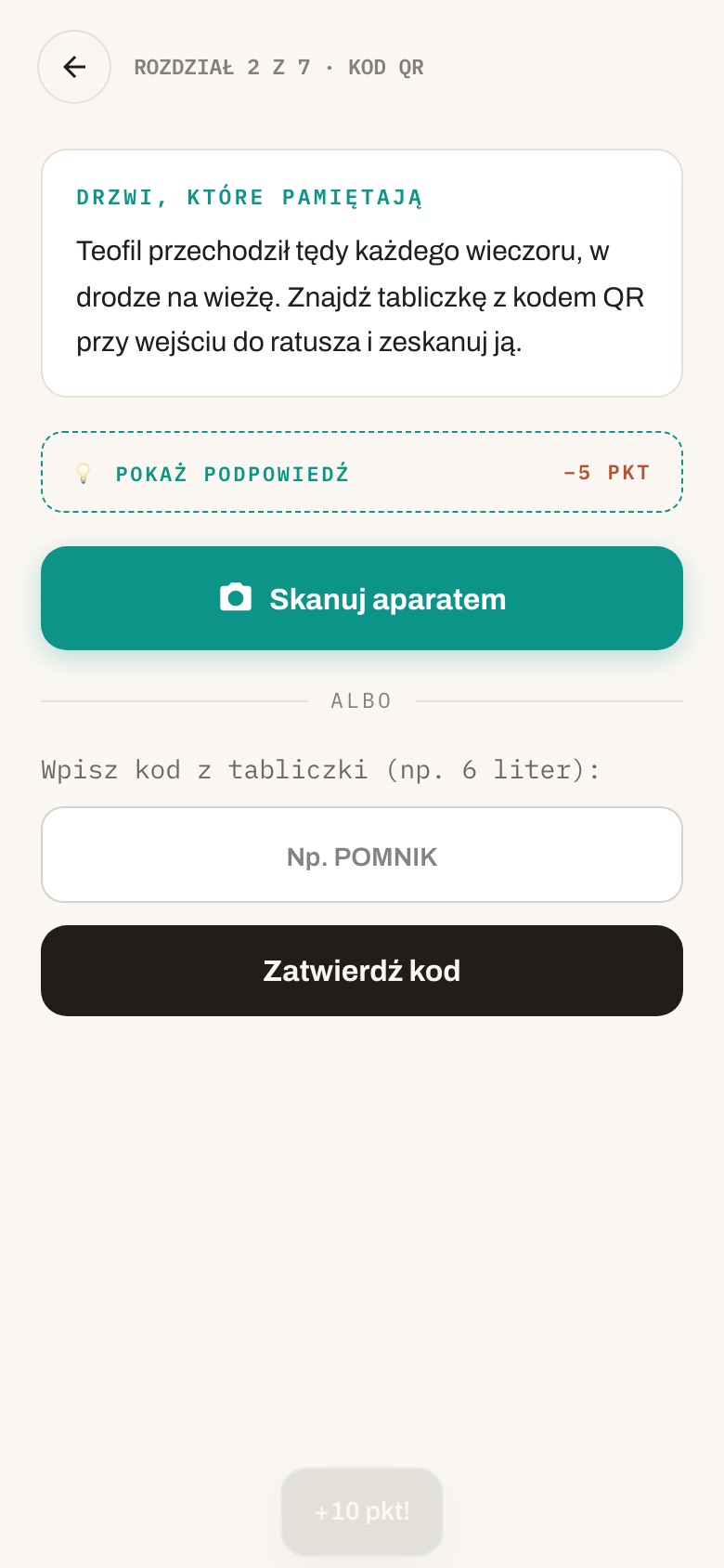 Ekran gracza — skanowanie kodu QR albo wpisanie kodu zastępczego